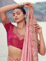 Glowing Peach Thread Embroidered Silk Festive Wear Saree With Blouse