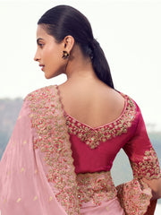 Glowing Peach Thread Embroidered Silk Festive Wear Saree With Blouse