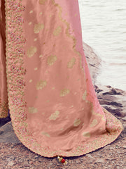 Glowing Peach Thread Embroidered Silk Festive Wear Saree With Blouse
