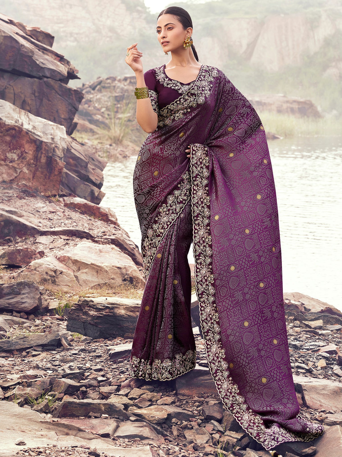 Fantastic Purple Heavy Embroidered Silk Wedding Wear Saree With Blouse