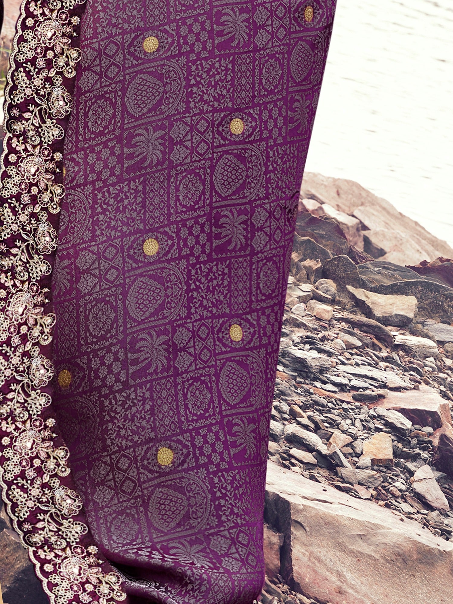 Fantastic Purple Heavy Embroidered Silk Wedding Wear Saree With Blouse