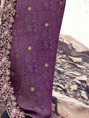 Fantastic Purple Heavy Embroidered Silk Wedding Wear Saree With Blouse
