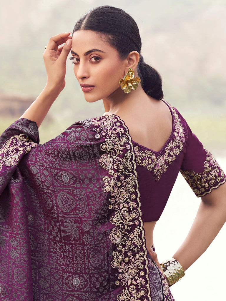 Fantastic Purple Heavy Embroidered Silk Wedding Wear Saree With Blouse