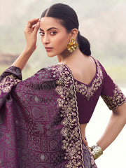 Fantastic Purple Heavy Embroidered Silk Wedding Wear Saree With Blouse