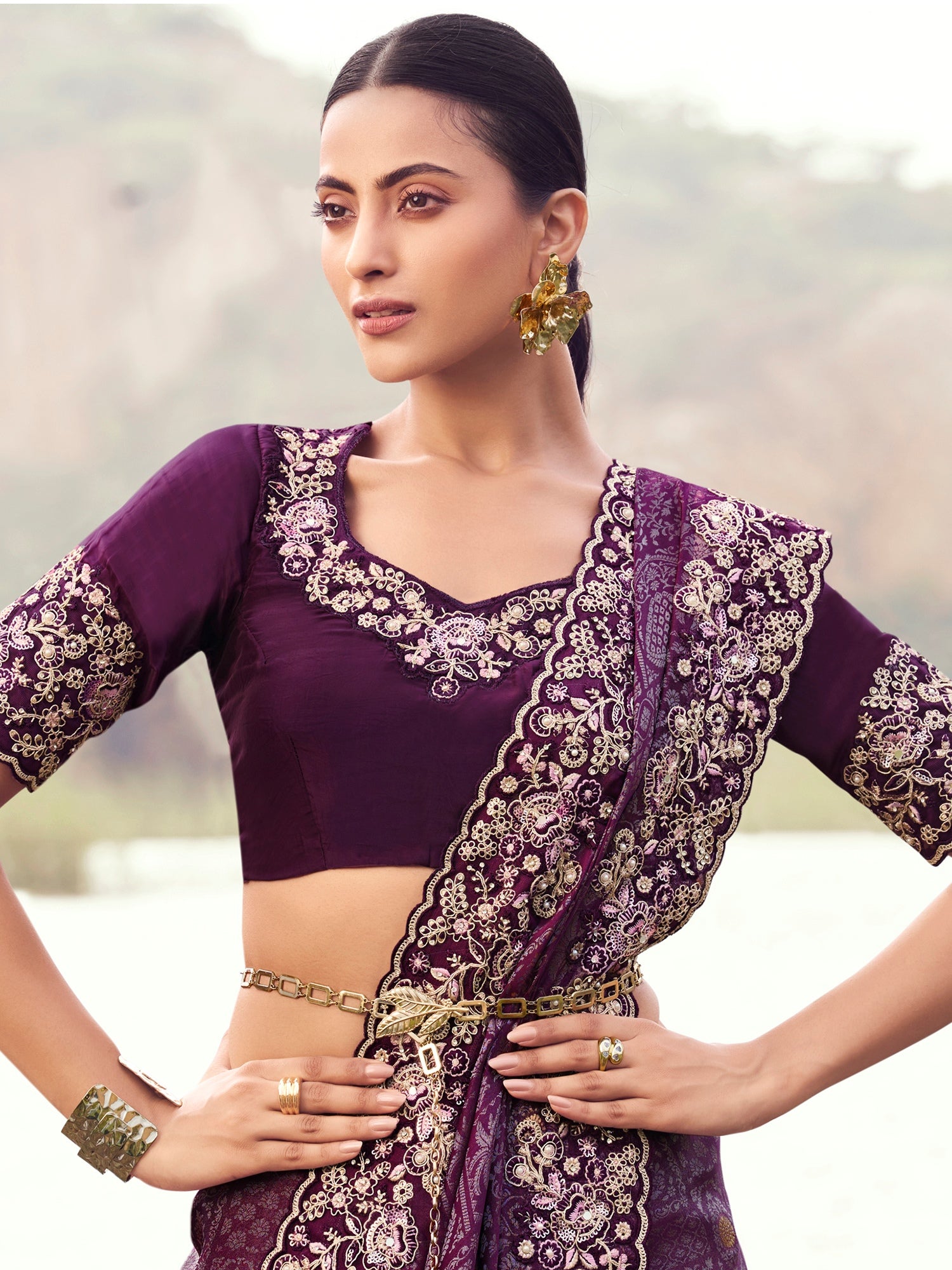 Fantastic Purple Heavy Embroidered Silk Wedding Wear Saree With Blouse