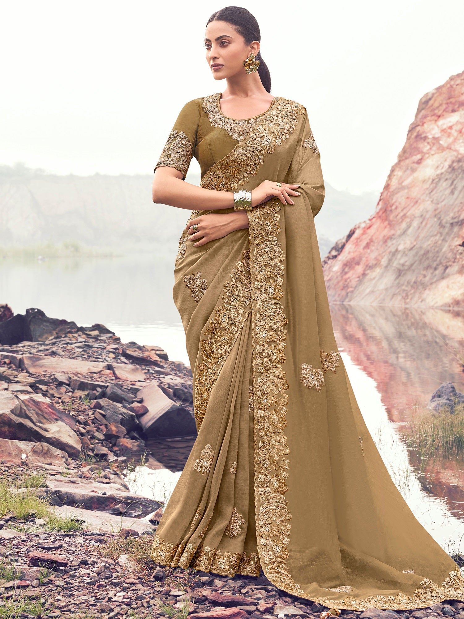 Fabulous Golden Embroidered Silk Festive Wear Saree With Blouse