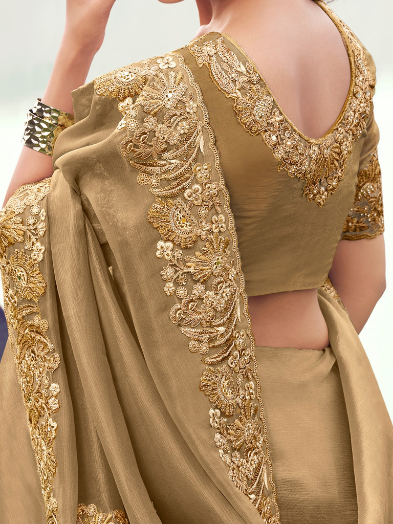 Fabulous Golden Embroidered Silk Festive Wear Saree With Blouse