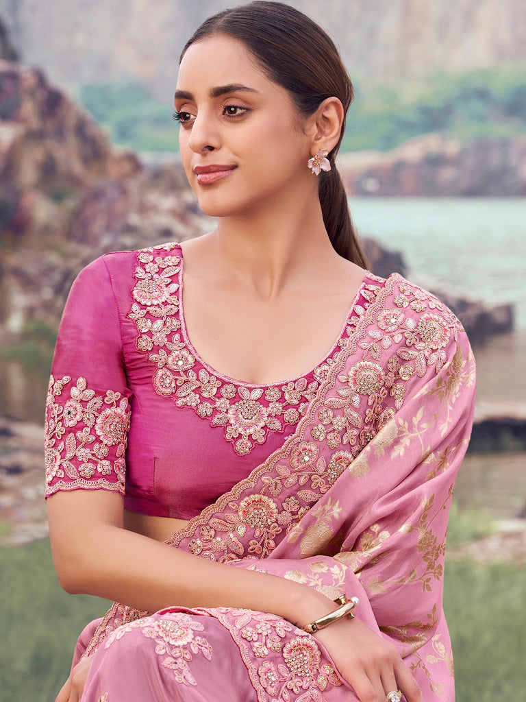 Adorable Pink Zari Work Silk Engagement Wear Saree With Blouse
