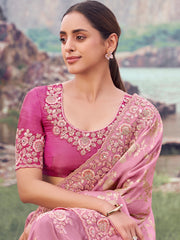 Adorable Pink Zari Work Silk Engagement Wear Saree With Blouse