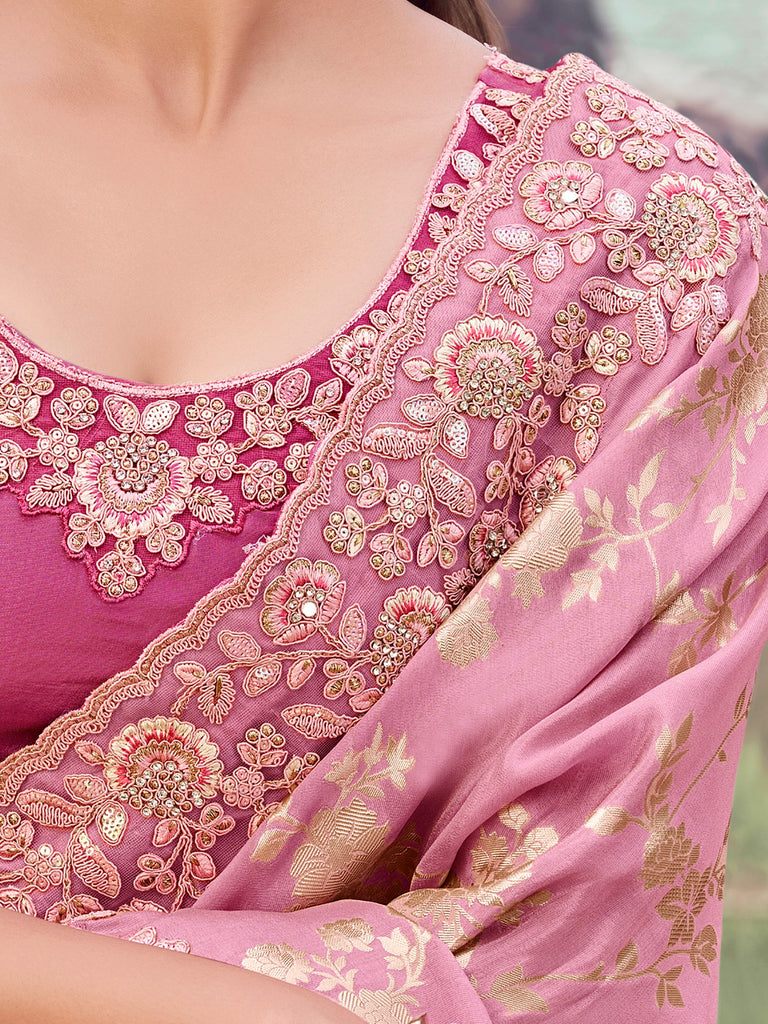 Adorable Pink Zari Work Silk Engagement Wear Saree With Blouse