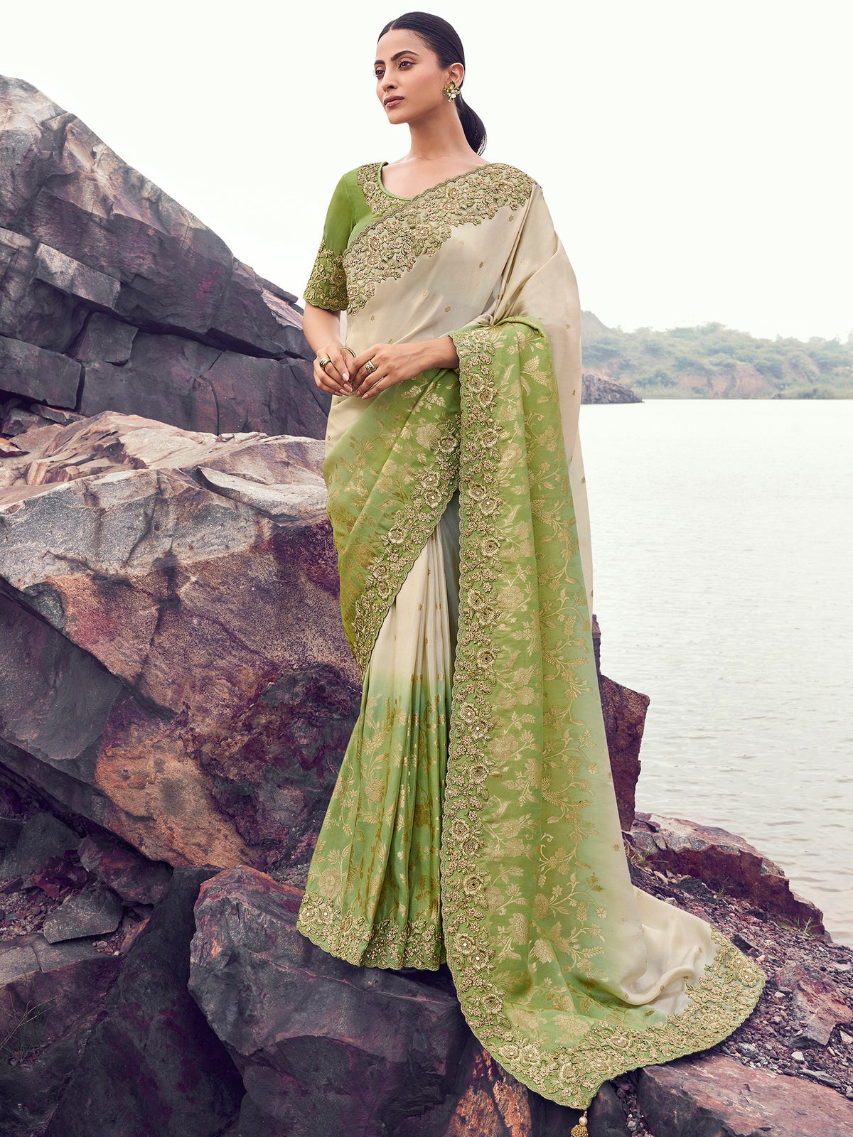 Wonderful Green Embroidered Silk Wedding Wear Saree With Blouse