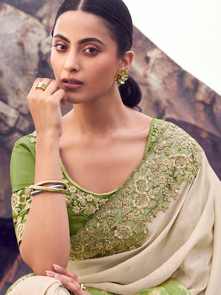 Wonderful Green Embroidered Silk Wedding Wear Saree With Blouse