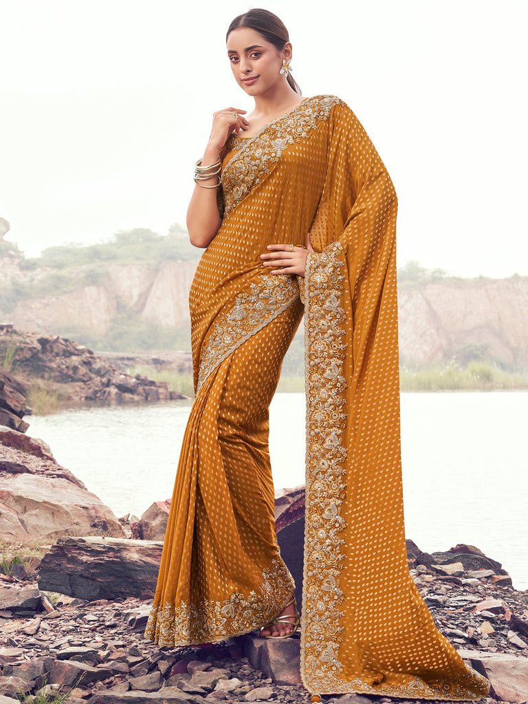 Incredible Orange Embroidered Silk Festive Wear Saree With Blouse