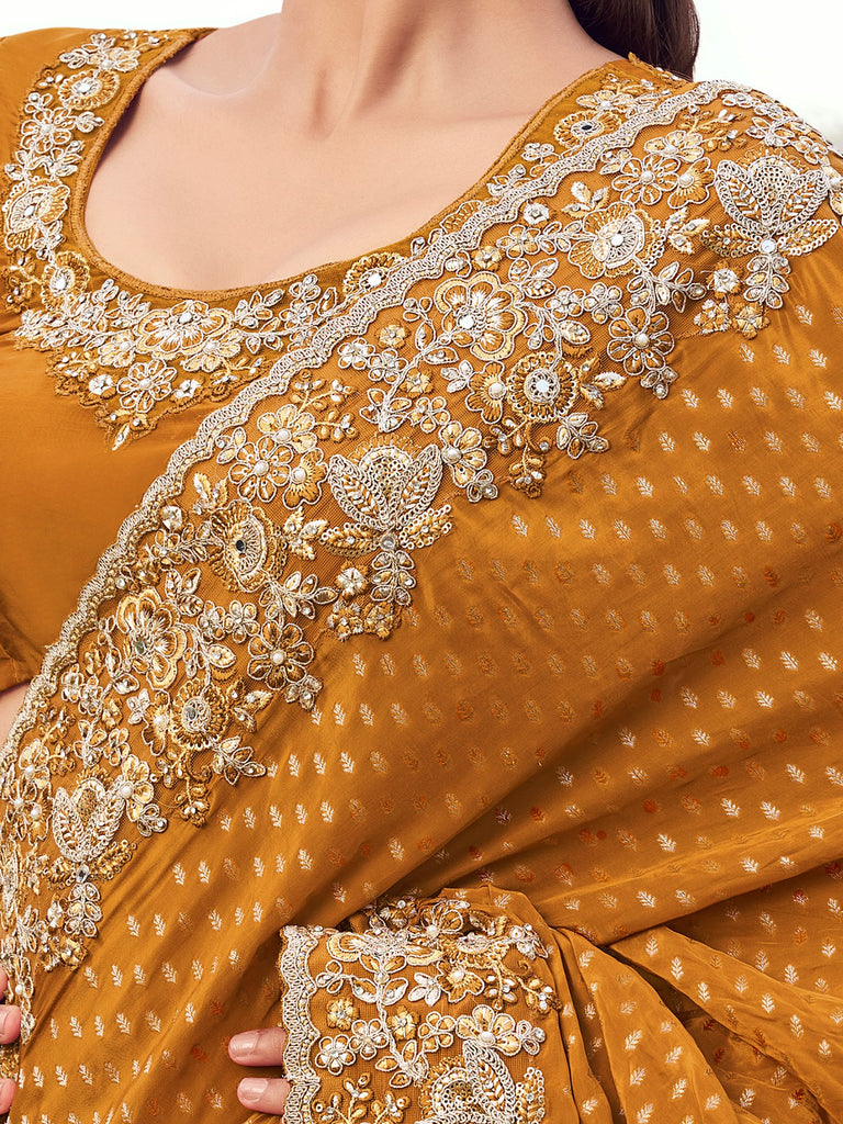 Incredible Orange Embroidered Silk Festive Wear Saree With Blouse