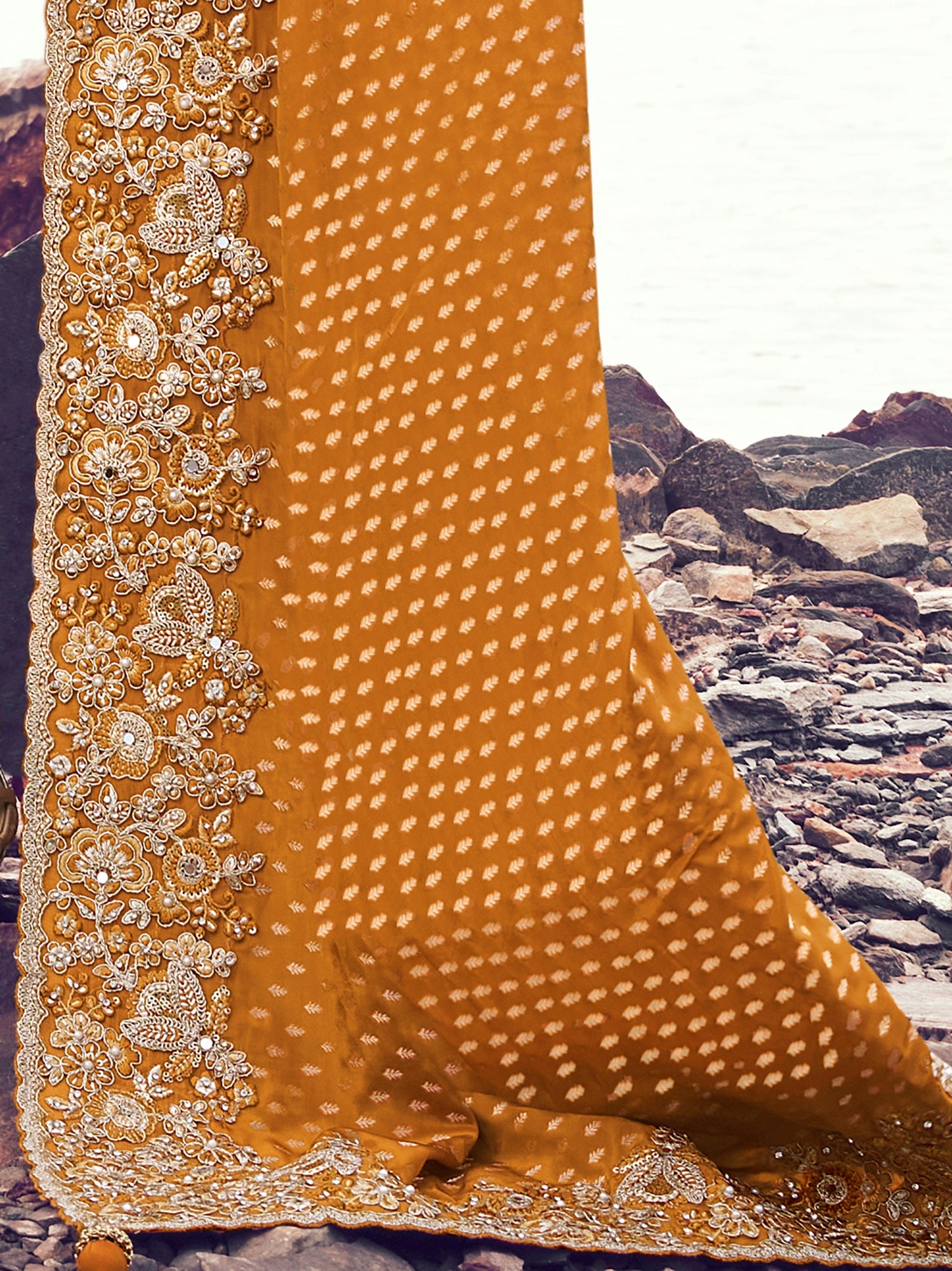 Incredible Orange Embroidered Silk Festive Wear Saree With Blouse