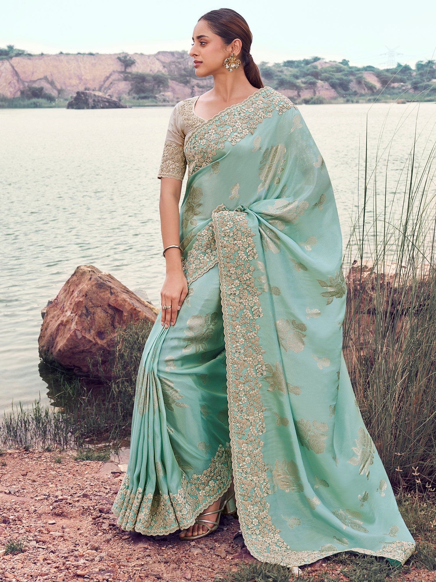 Outstanding Blue Zari Embroidered Silk Function Wear Saree With Blouse