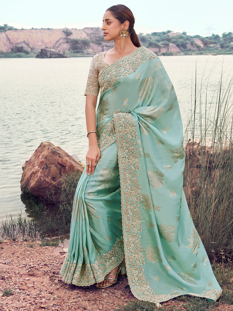 Outstanding Blue Zari Embroidered Silk Function Wear Saree With Blouse