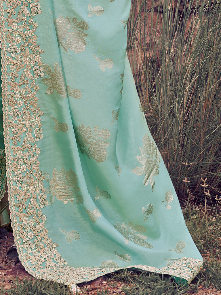 Outstanding Blue Zari Embroidered Silk Function Wear Saree With Blouse