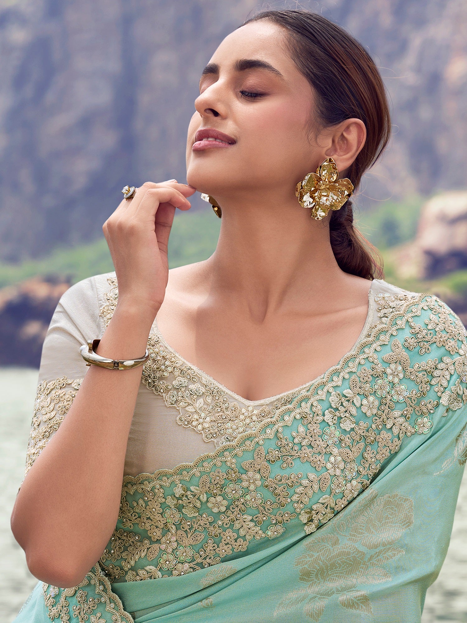 Outstanding Blue Zari Embroidered Silk Function Wear Saree With Blouse