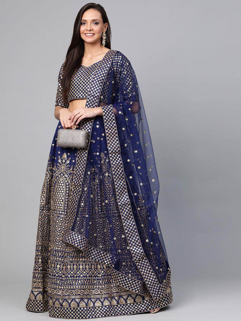 Navy Blue Embroidered Semi-Stitched Myntra Lehenga & Unstitched Blouse with Dupatta