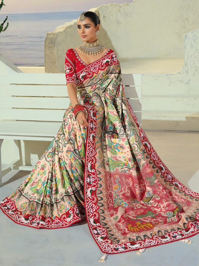 Precious Cream Bead Embroidery Silk Festive Wear Patan Patola Saree