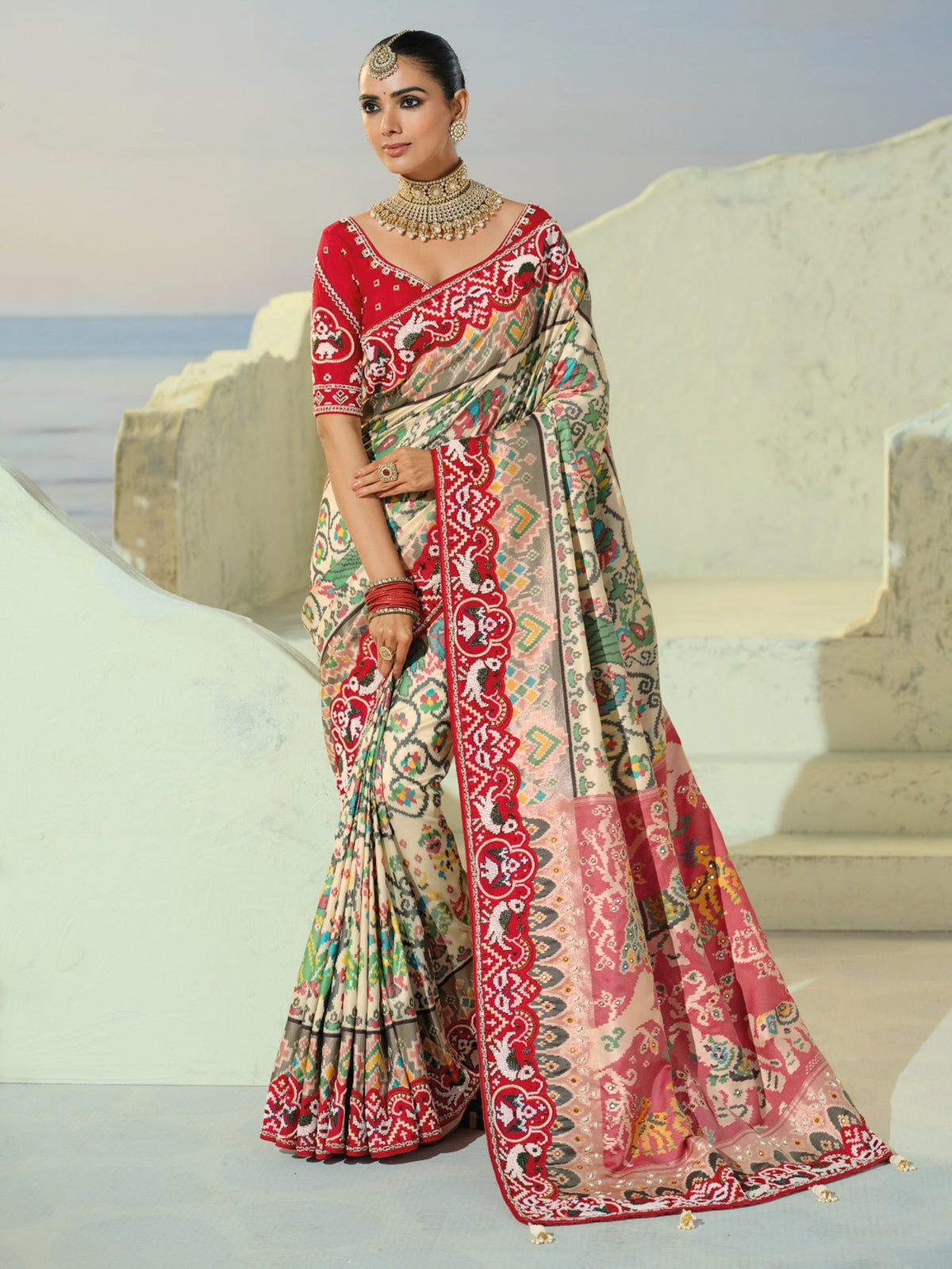 Precious Cream Bead Embroidery Silk Festive Wear Patan Patola Saree