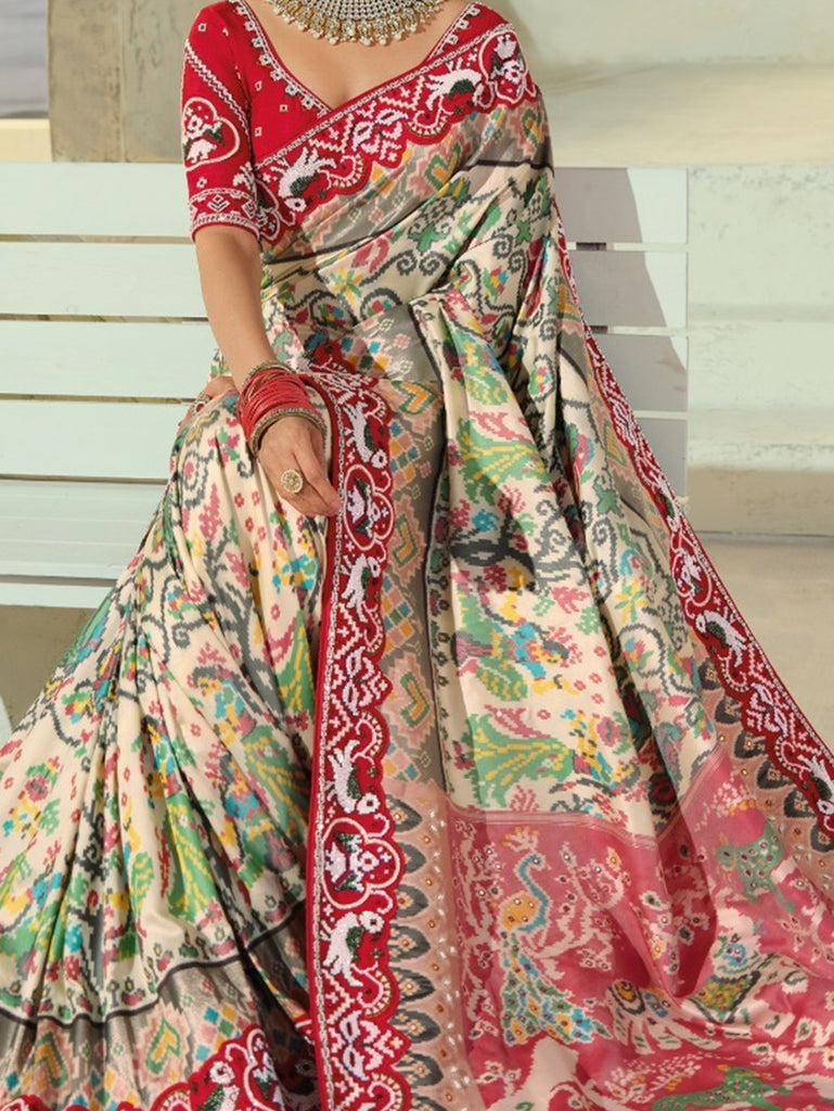 Precious Cream Bead Embroidery Silk Festive Wear Patan Patola Saree
