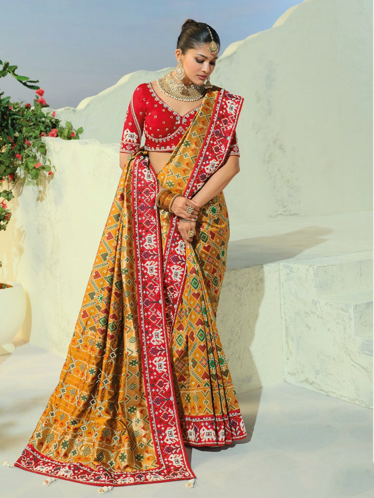 Great Mustard Yellow Bead Work Silk Haldi Wear Patan Patola Style Saree