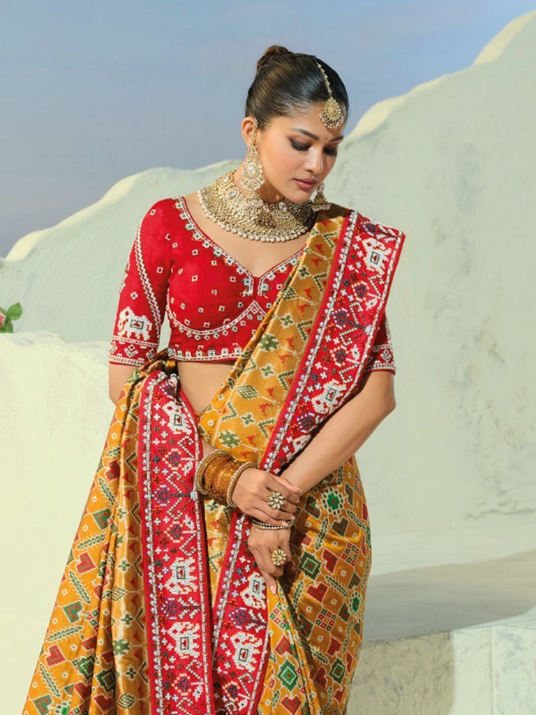 Great Mustard Yellow Bead Work Silk Haldi Wear Patan Patola Style Saree