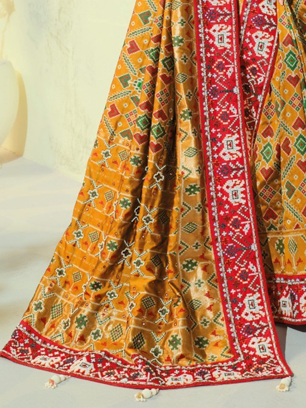 Great Mustard Yellow Bead Work Silk Haldi Wear Patan Patola Style Saree
