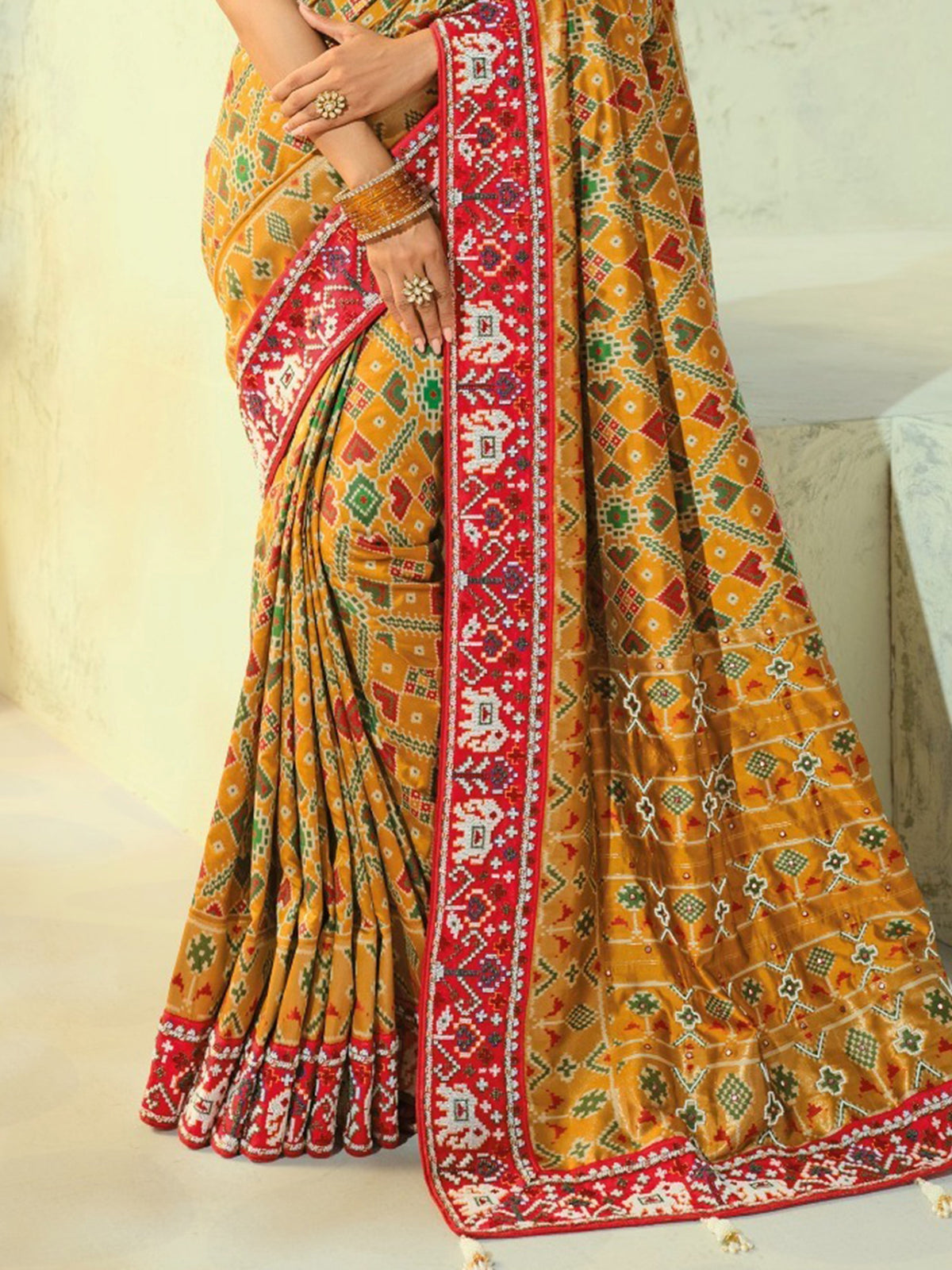 Great Mustard Yellow Bead Work Silk Haldi Wear Patan Patola Style Saree
