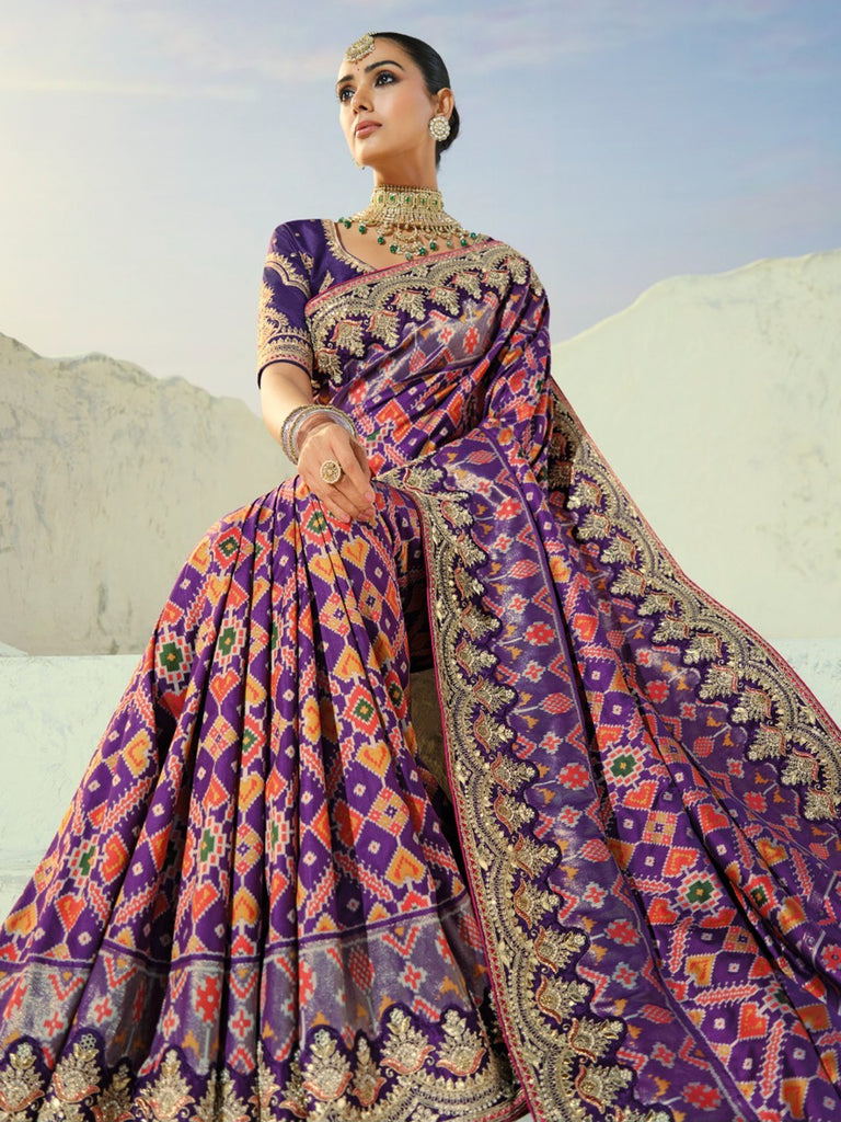 Artistic Purple Hand Embroidery Wedding Wear Patan Patola Style Saree
