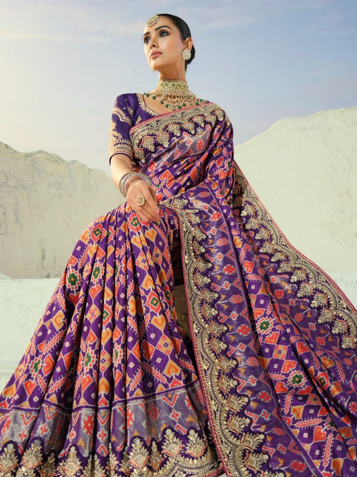 Artistic Purple Hand Embroidery Wedding Wear Patan Patola Style Saree