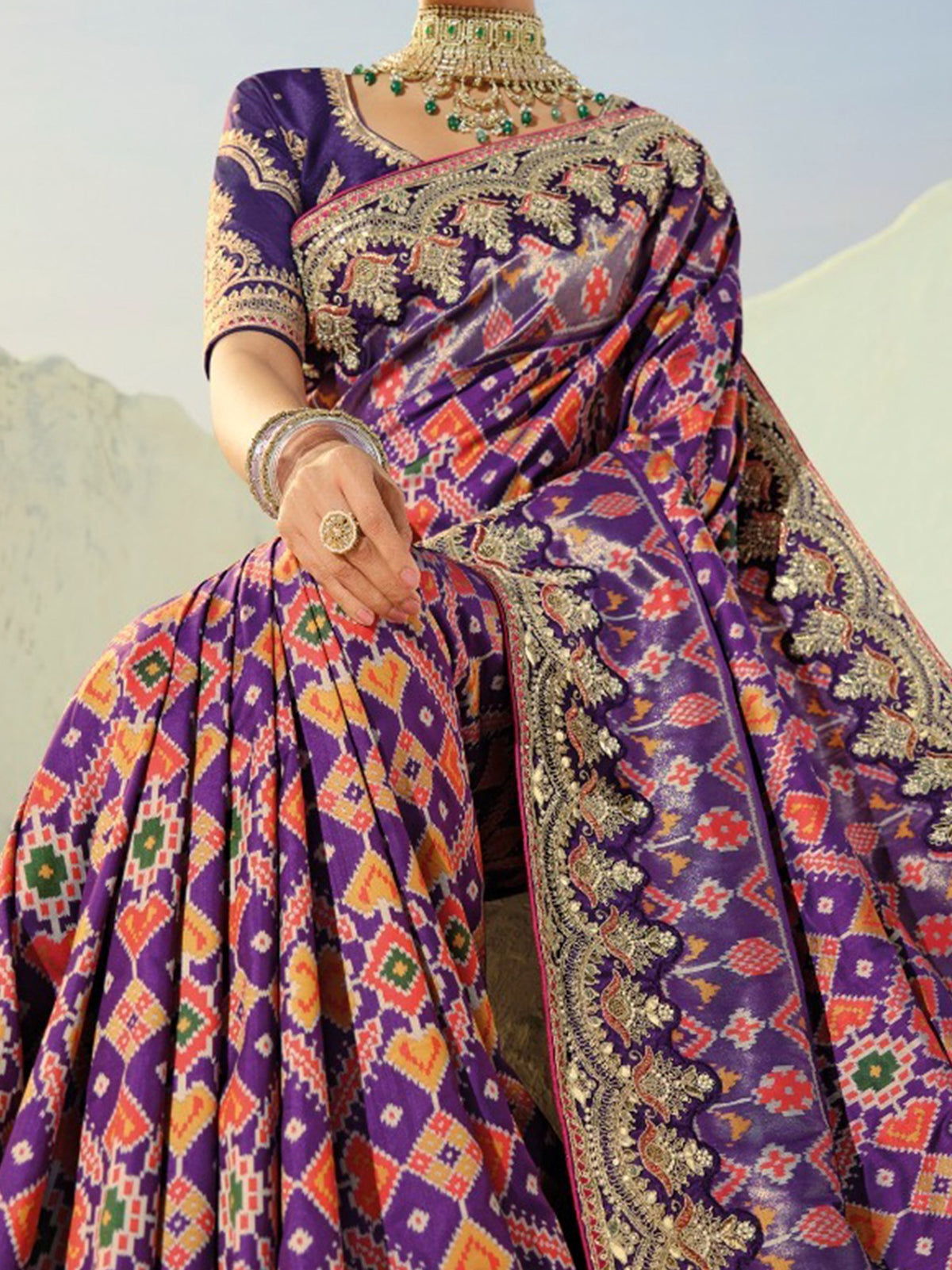 Artistic Purple Hand Embroidery Wedding Wear Patan Patola Style Saree