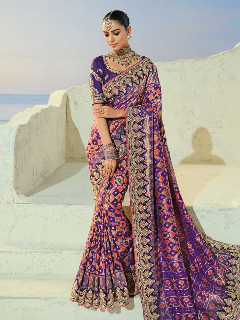 Artistic Purple Hand Embroidery Wedding Wear Patan Patola Style Saree