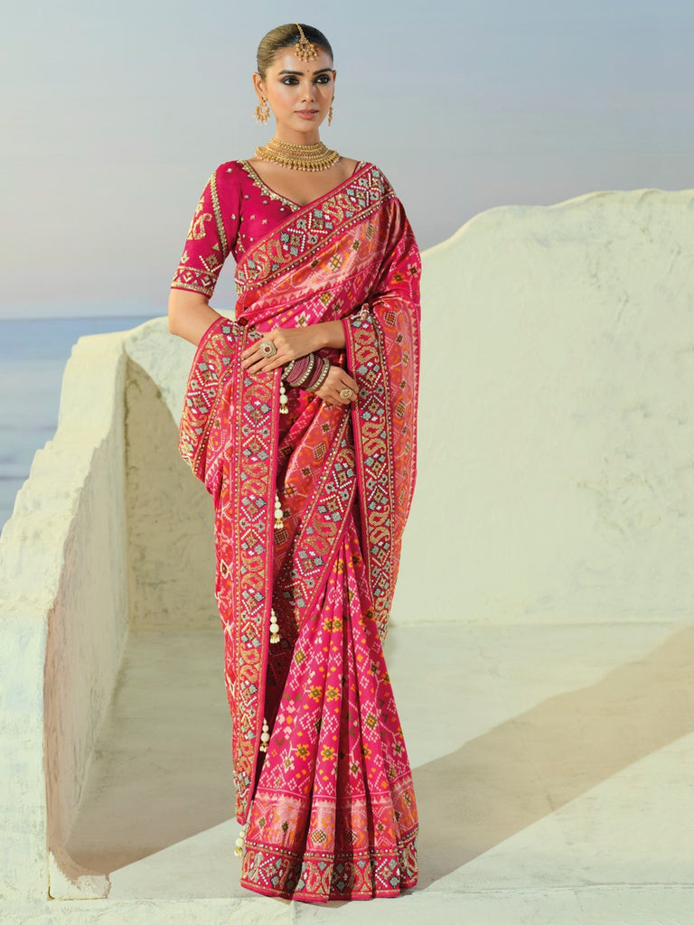 Attractive Pink Bead Embroidery Reception Wear Patan Patola Style Saree