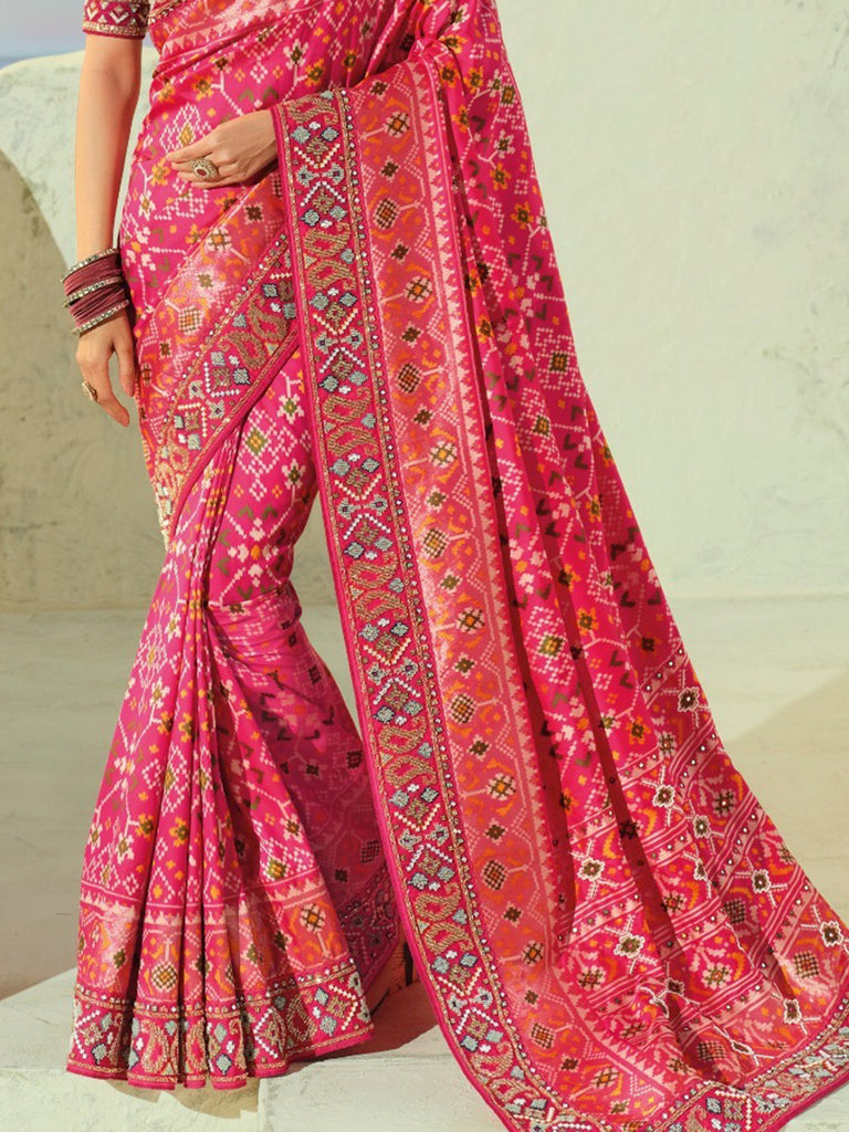 Attractive Pink Bead Embroidery Reception Wear Patan Patola Style Saree