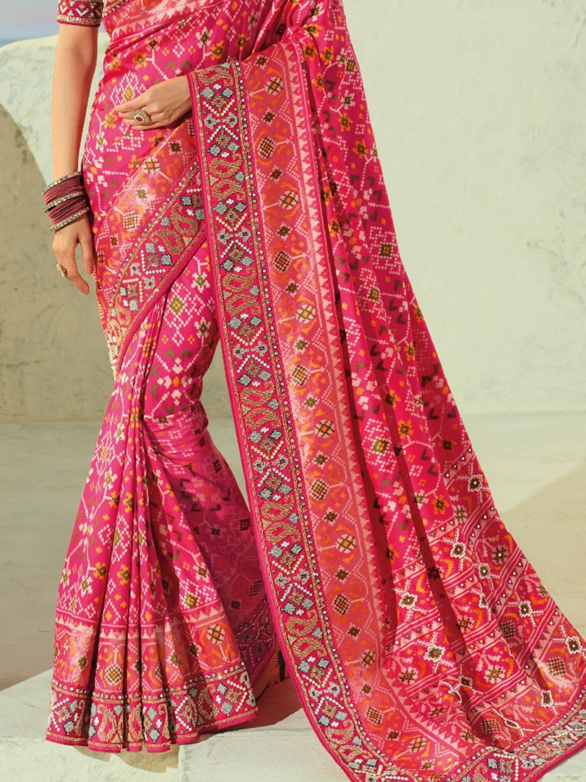 Attractive Pink Bead Embroidery Reception Wear Patan Patola Style Saree