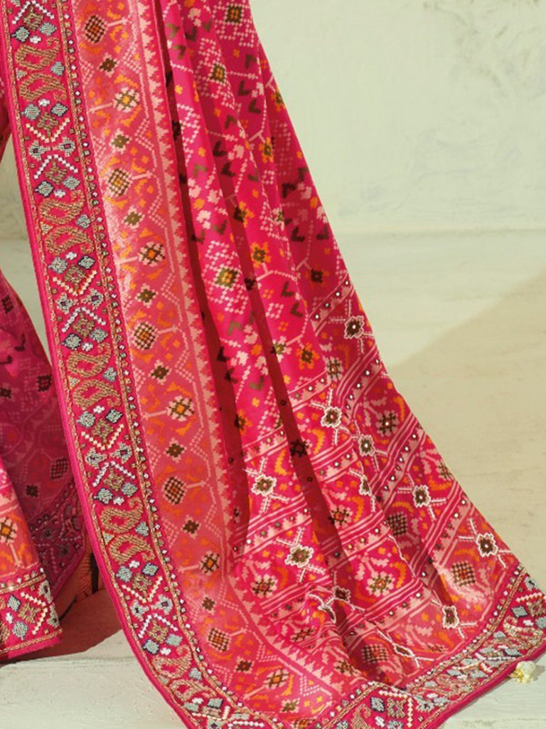 Attractive Pink Bead Embroidery Reception Wear Patan Patola Style Saree