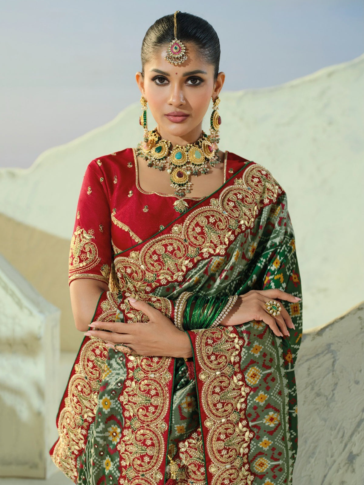 Rich Bottle Green Mirror Work Silk Function Wear Patan Patola Style Saree