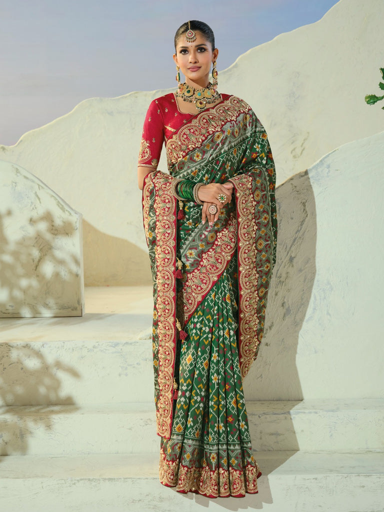 Rich Bottle Green Mirror Work Silk Function Wear Patan Patola Style Saree