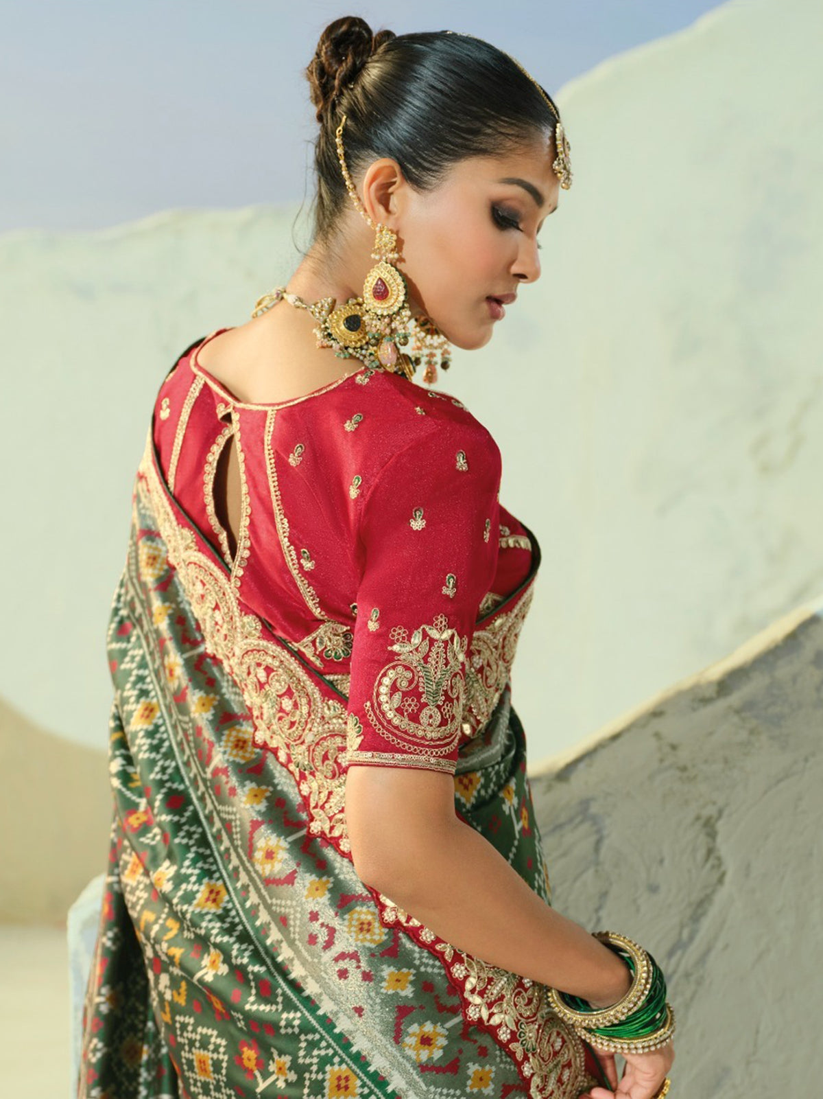 Rich Bottle Green Mirror Work Silk Function Wear Patan Patola Style Saree