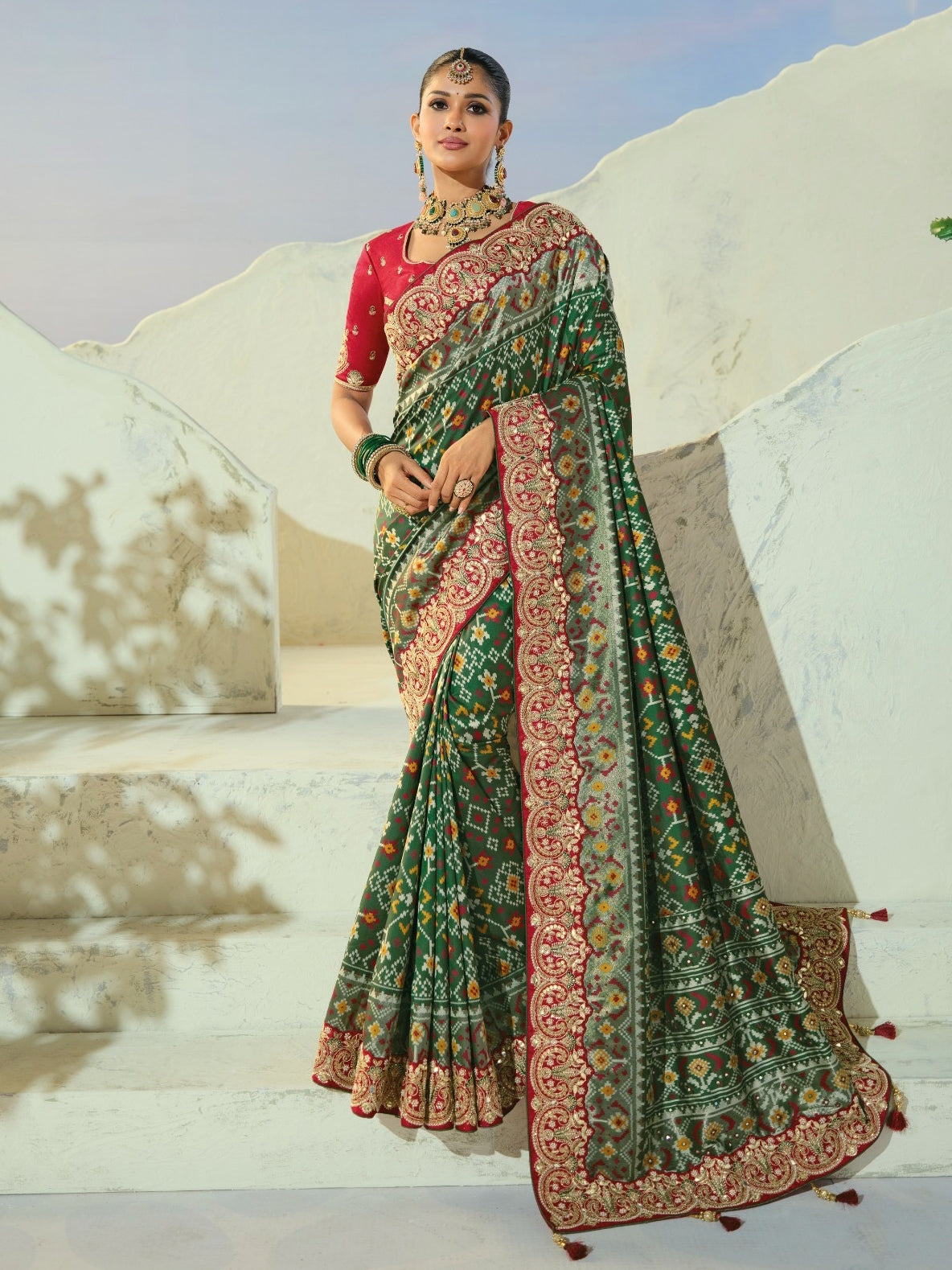 Rich Bottle Green Mirror Work Silk Function Wear Patan Patola Style Saree