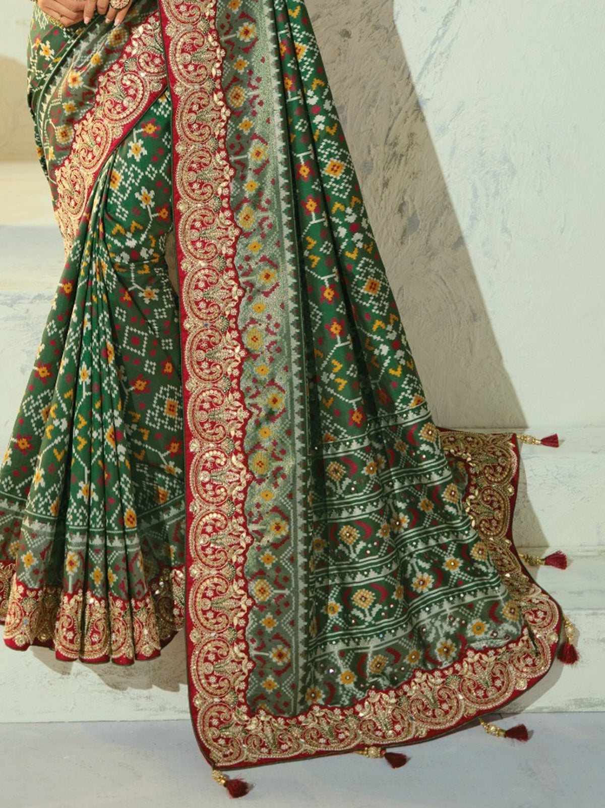 Rich Bottle Green Mirror Work Silk Function Wear Patan Patola Style Saree