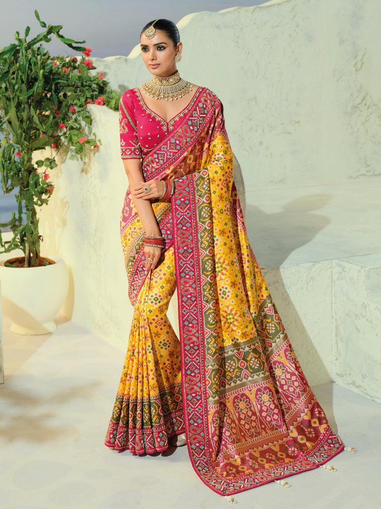Stunning Yellow Bead Work Silk Event Wear Patan Patola Style Saree
