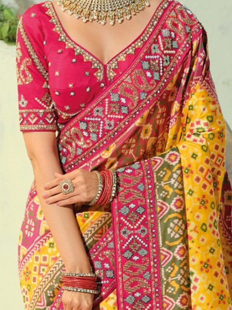 Stunning Yellow Bead Work Silk Event Wear Patan Patola Style Saree