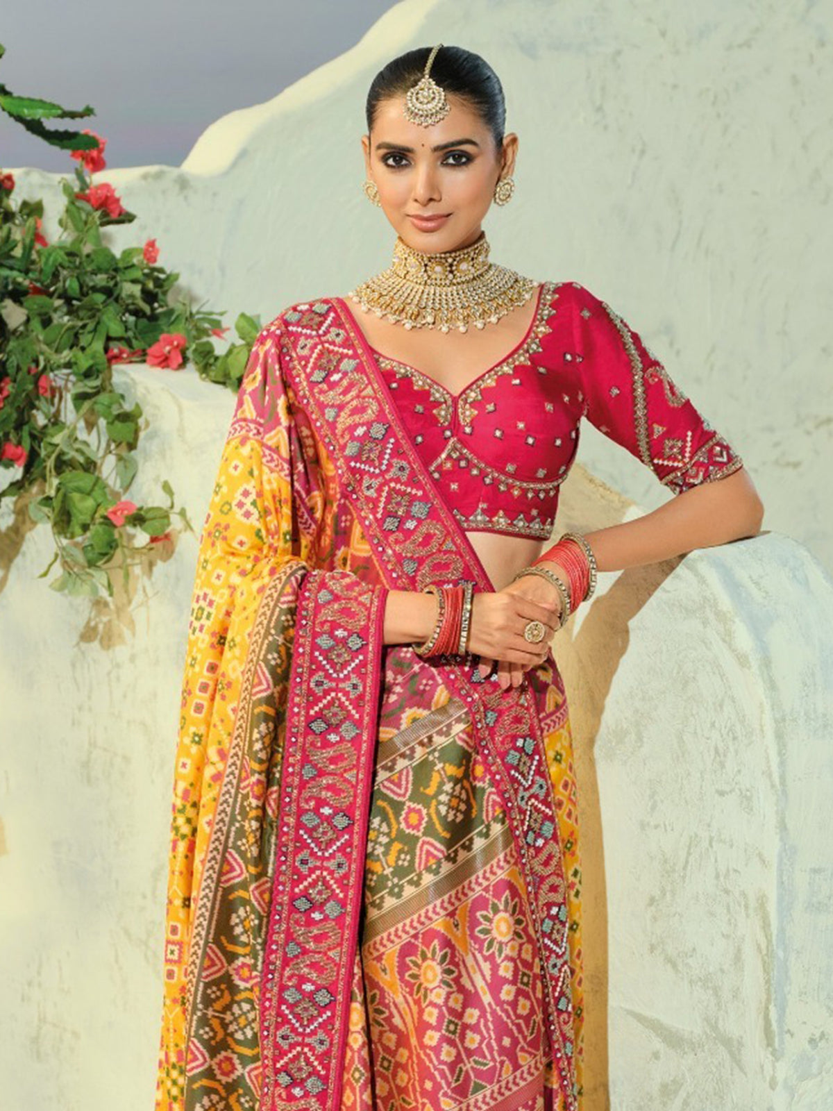 Stunning Yellow Bead Work Silk Event Wear Patan Patola Style Saree