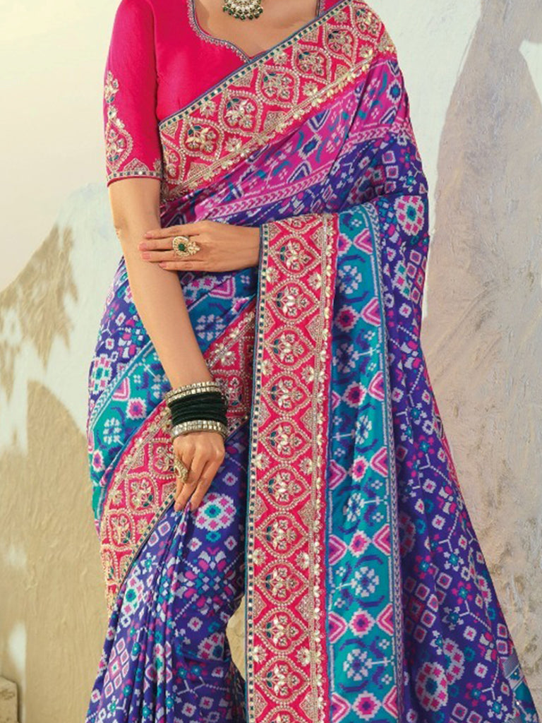 Alluring Blue Heavy Embroidery Silk Festive Wear Patan Patola Style Saree