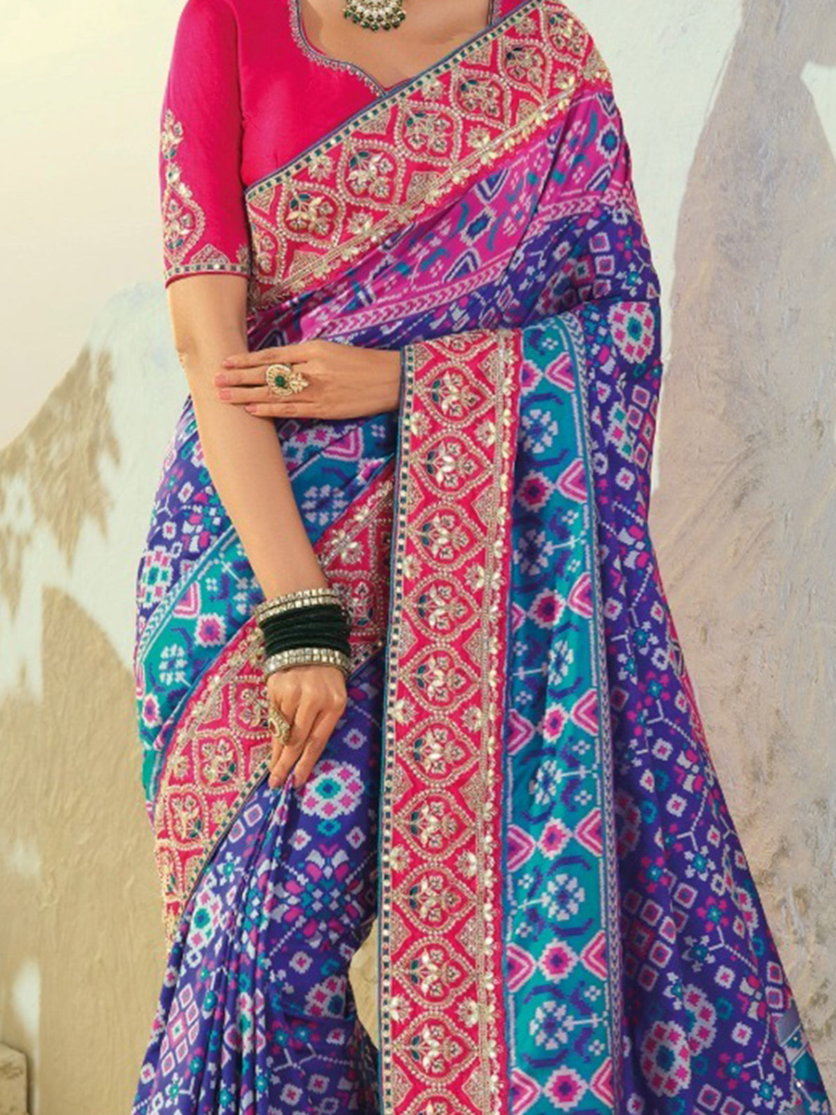 Alluring Blue Heavy Embroidery Silk Festive Wear Patan Patola Style Saree