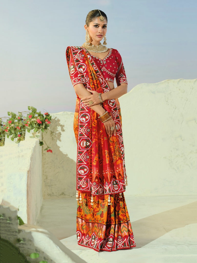 Exquisite Orange Bead Embroidery Silk Designer Patan Patola Style Saree